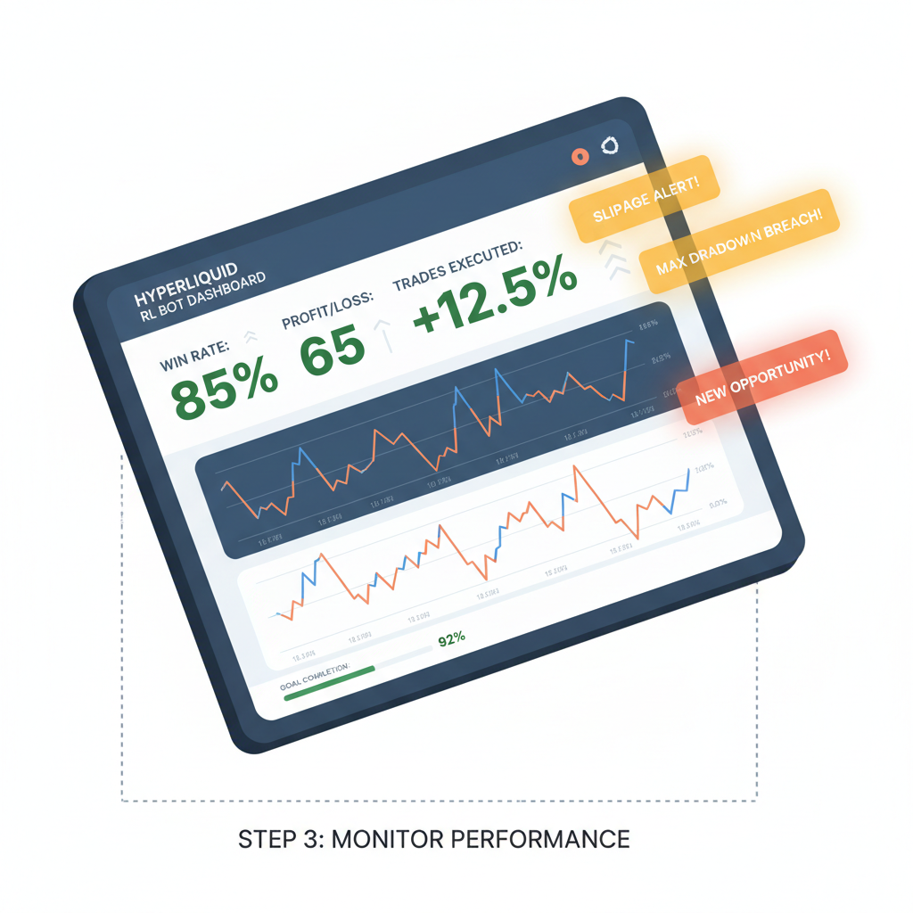 dashboard monitoring RL bot performance on Hyperliquid, live charts, alerts popping, motivational green metrics