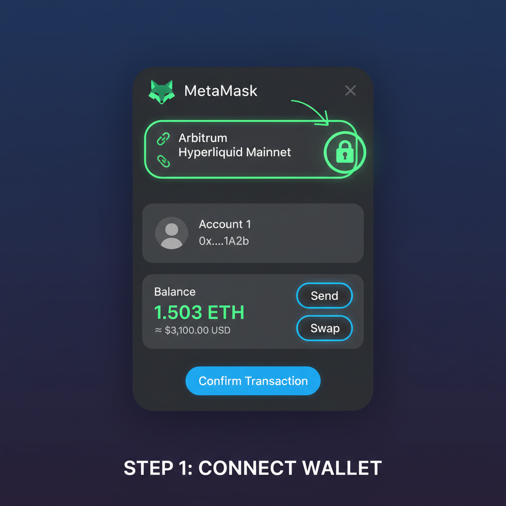 sleek MetaMask wallet interface connected to Arbitrum Hyperliquid mainnet, glowing green secure lock, futuristic UI