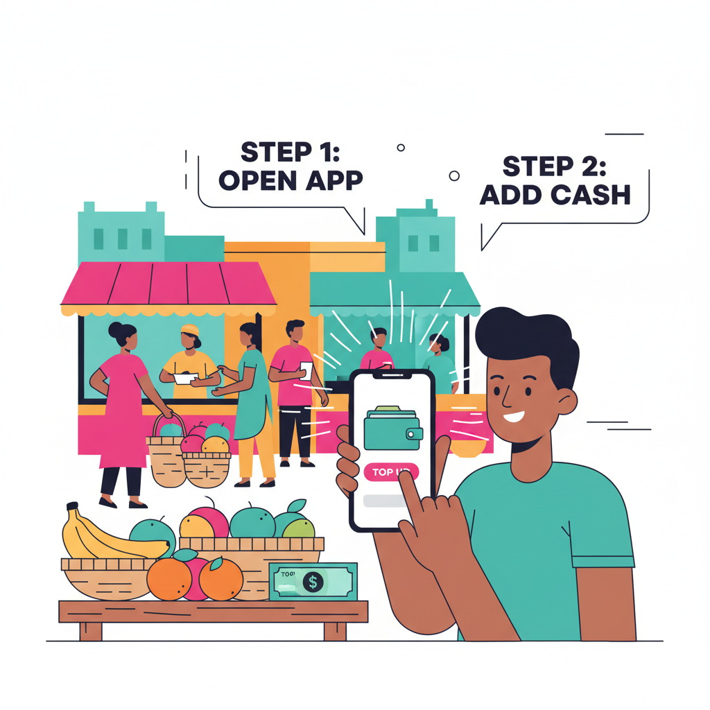 Vibrant Nigerian market scene, person smiling while funding mobile wallet on phone with naira notes nearby, fintech energy, colorful