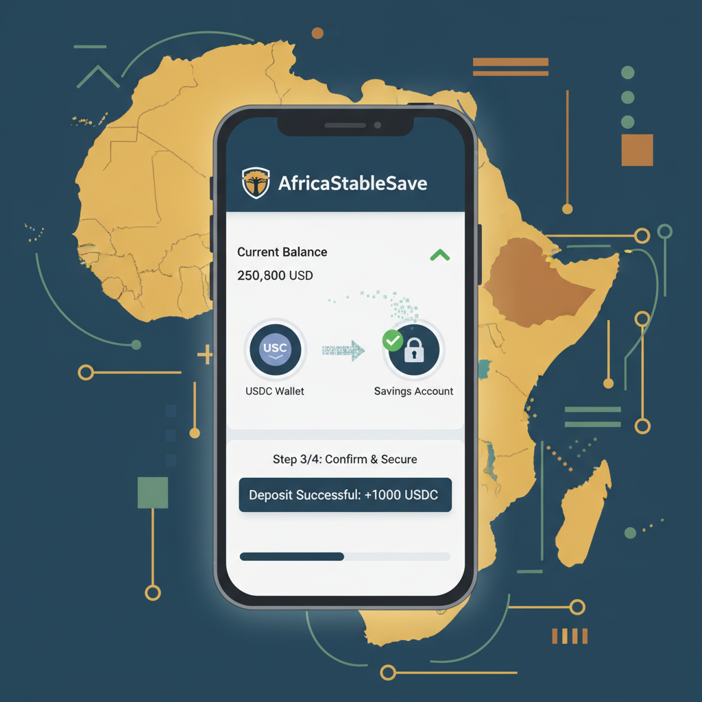 Smartphone screen showing USDC deposit to AfricaStableSave dashboard, secure wallet transfer animation, African fintech vibe