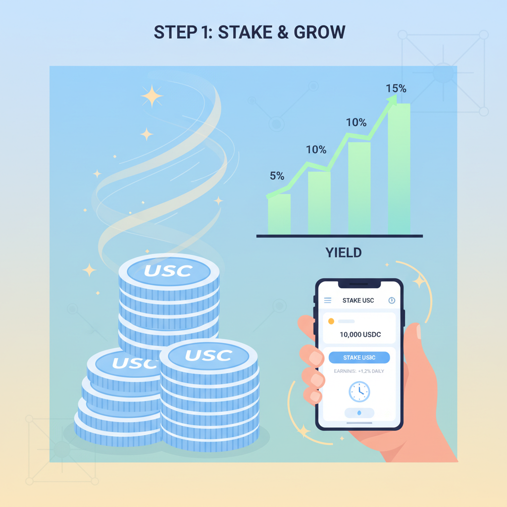 USDC coins stacking up with yield percentage graphs rising, staking interface on phone, golden growth effects, energetic