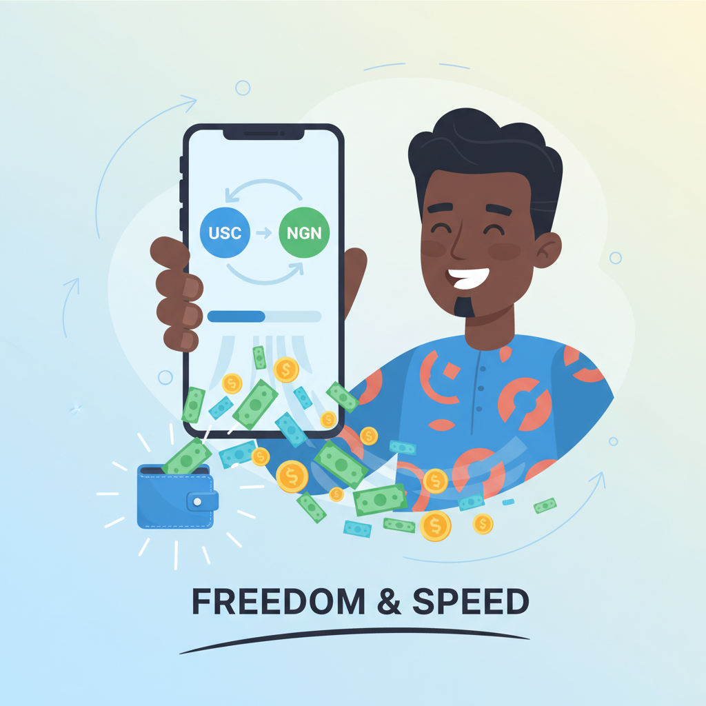 Happy Nigerian withdrawing USDC to naira on mobile app, money flowing out to wallet, freedom and speed theme, joyful