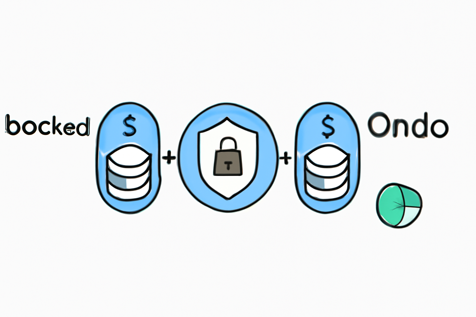 Logos of Backed Finance and Ondo Finance next to tokenized stock icons, with a secure shield symbol, clean infographic style