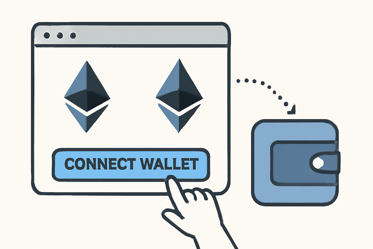 A user clicking 'Connect Wallet' on a website, with a wallet icon linking to a platform, Ethereum logos present
