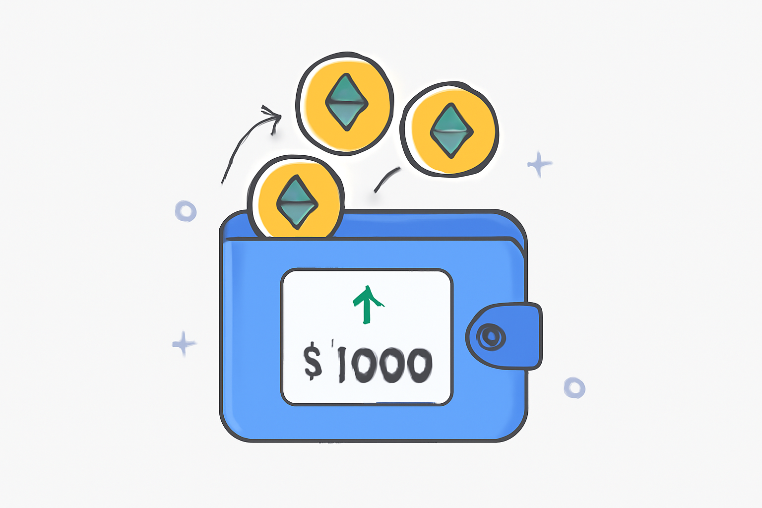 A digital wallet with Ethereum coins being deposited, showing a balance increase, simple and modern style