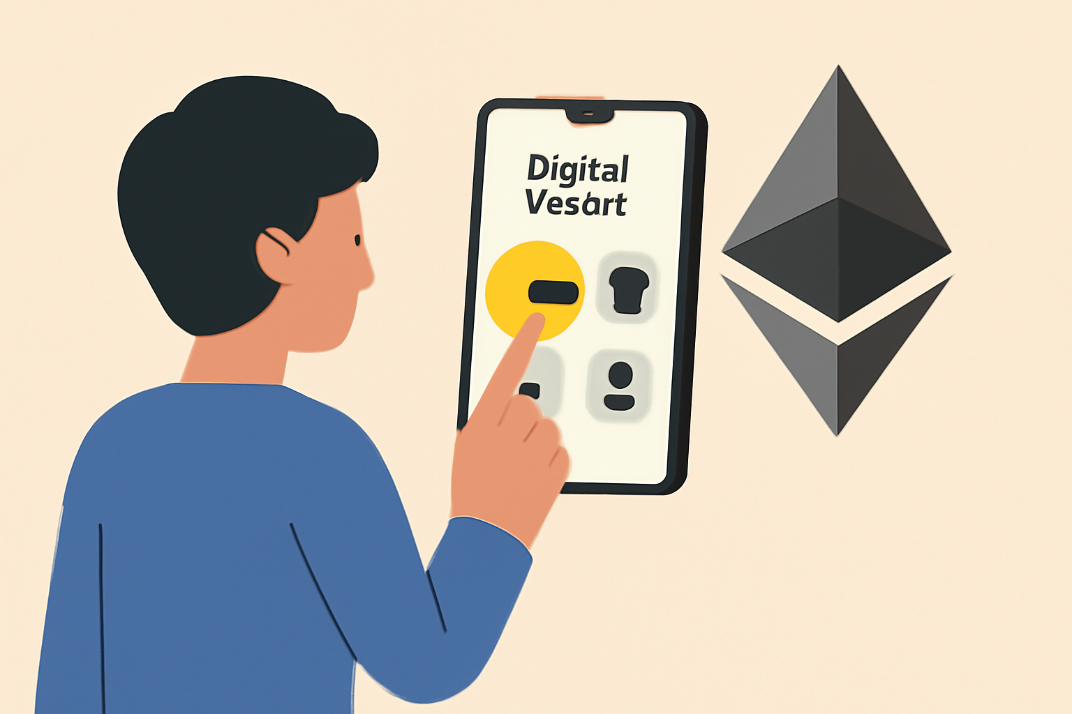 A person selecting a digital wallet app on their smartphone, Ethereum logo in the background, modern and clean interface