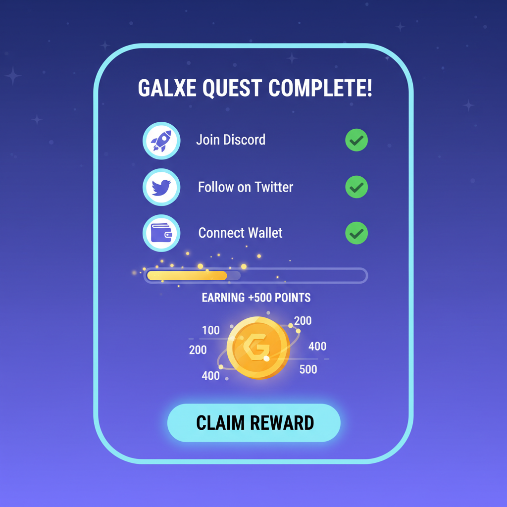 galxe quest completion screen, checklists ticked, points earning animation