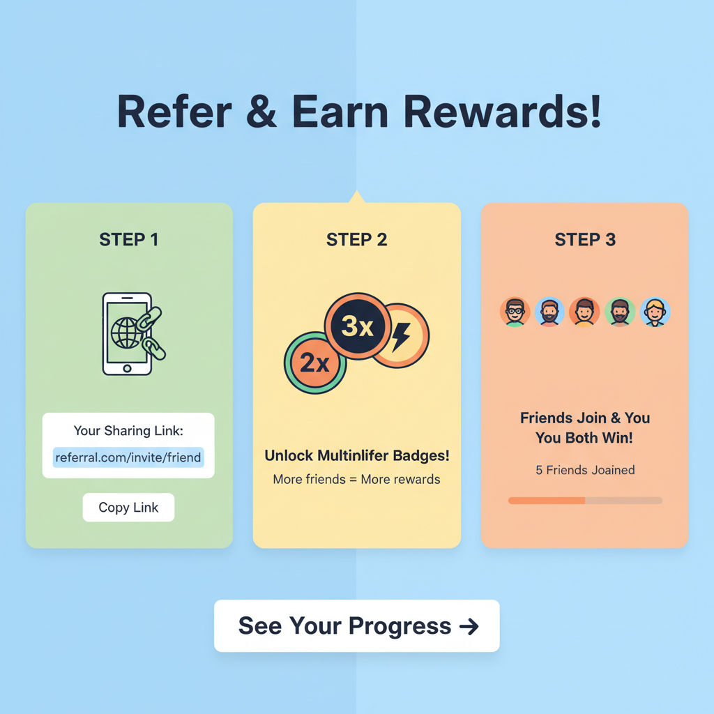 referral program interface, sharing link, multiplier badges, friends joining