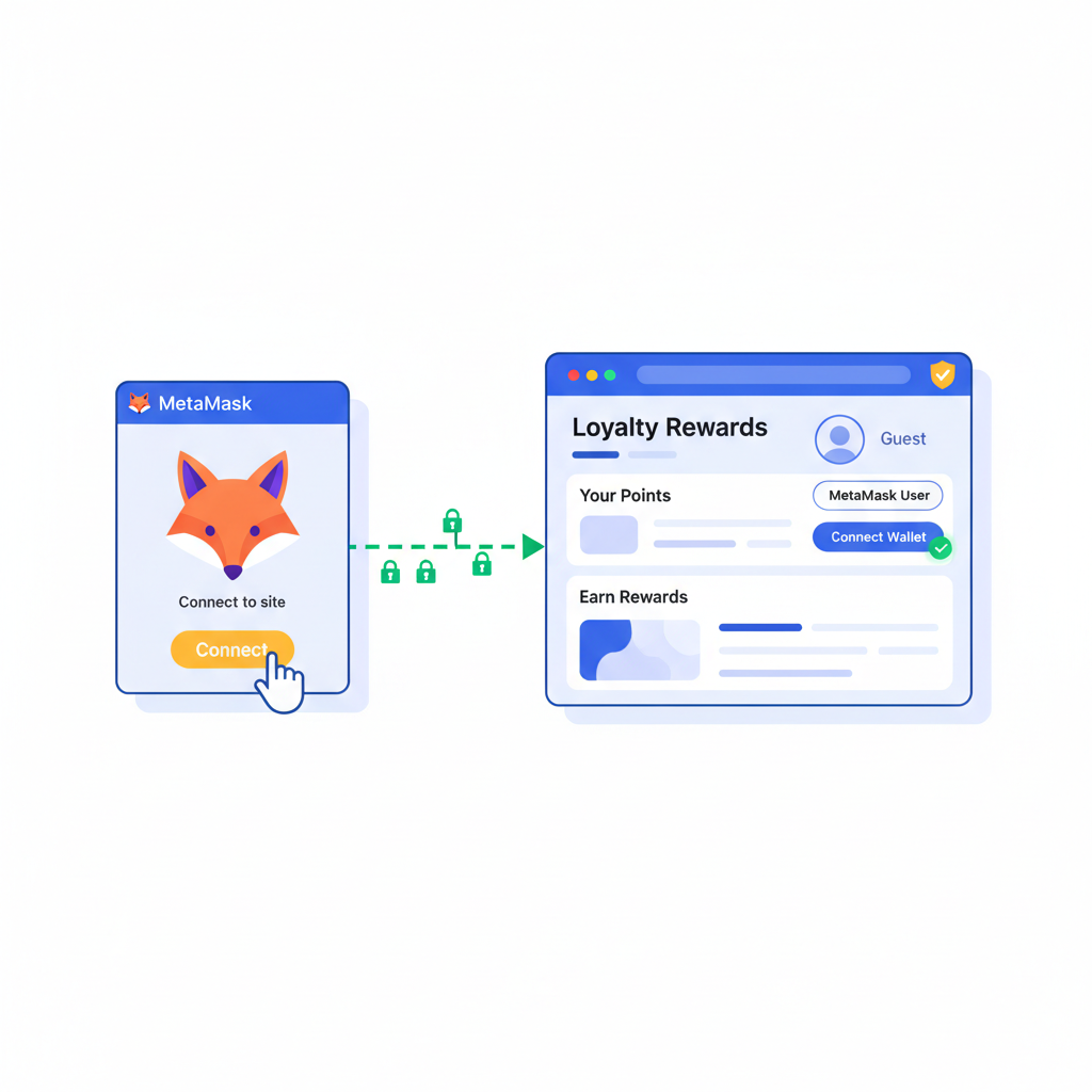 user connecting metamask wallet to loyalty site, simple interface, secure connection icon