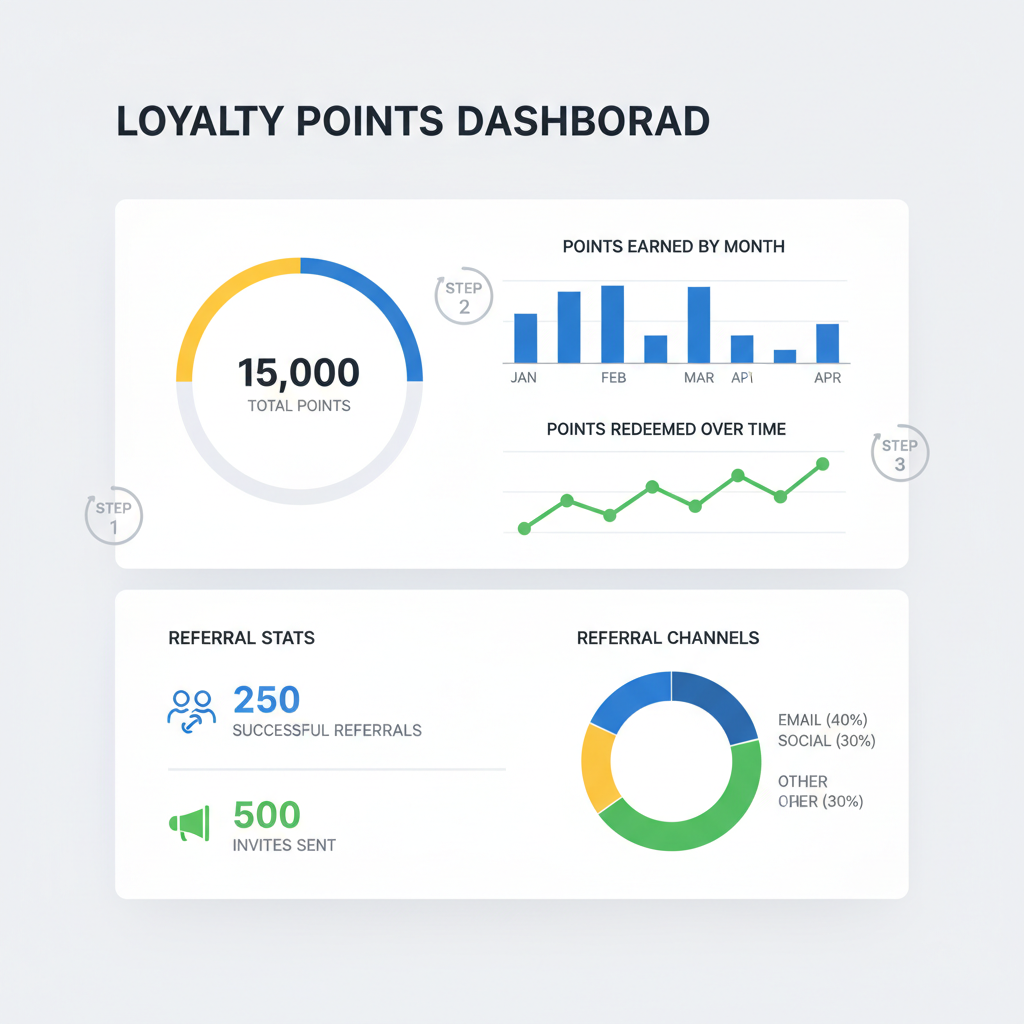 analytics dashboard showing loyalty points, graphs, referral stats, professional UI