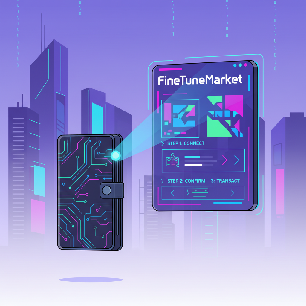 crypto wallet connecting to futuristic FineTuneMarket UI, neon cyberpunk style
