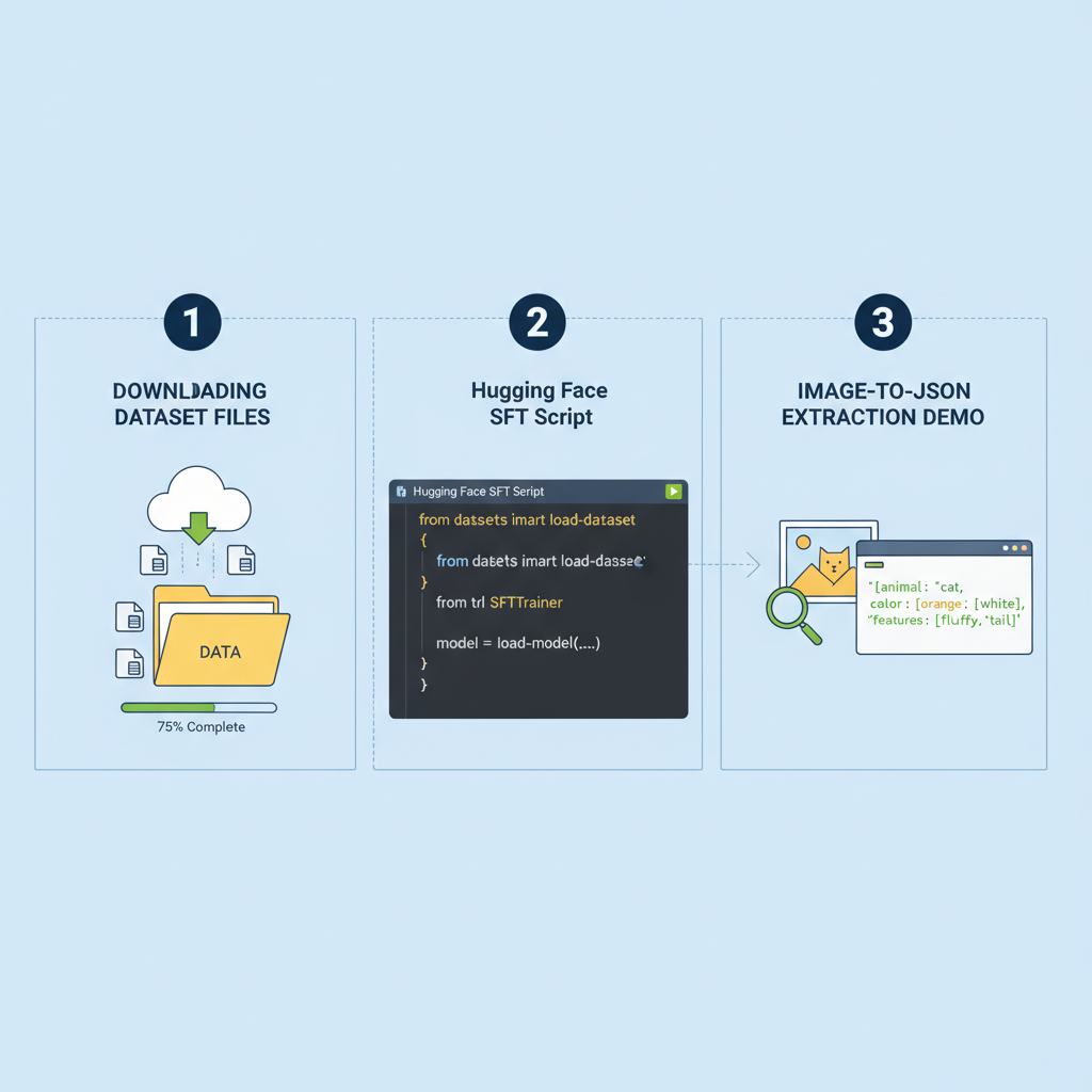 downloading dataset files, code editor with Hugging Face SFT script running, image-to-JSON extraction demo