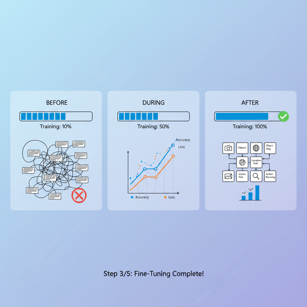 training progress bar on VLM fine-tuning, before-after images showing perfect structured extraction, graphs spiking
