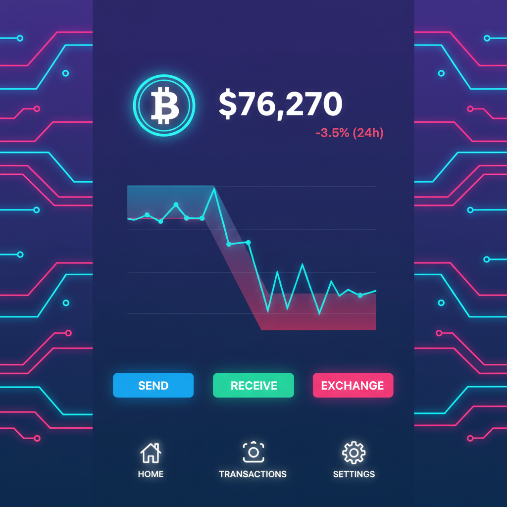 crypto wallet interface with Bitcoin logo, BTC price $76,270 chart showing 24h dip, futuristic neon style