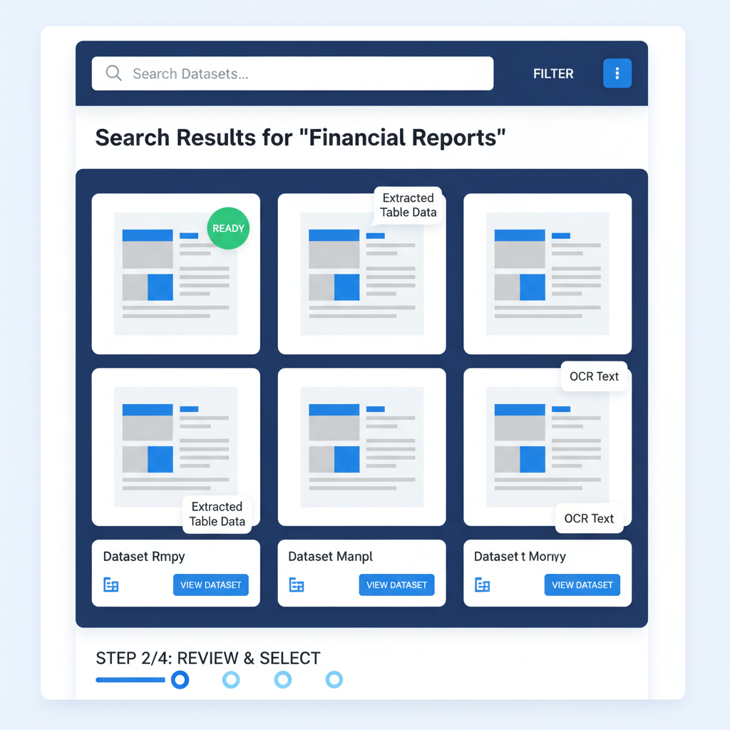 search results page on dataset marketplace, thumbnails of images with extracted tables and text overlays, high-tech UI