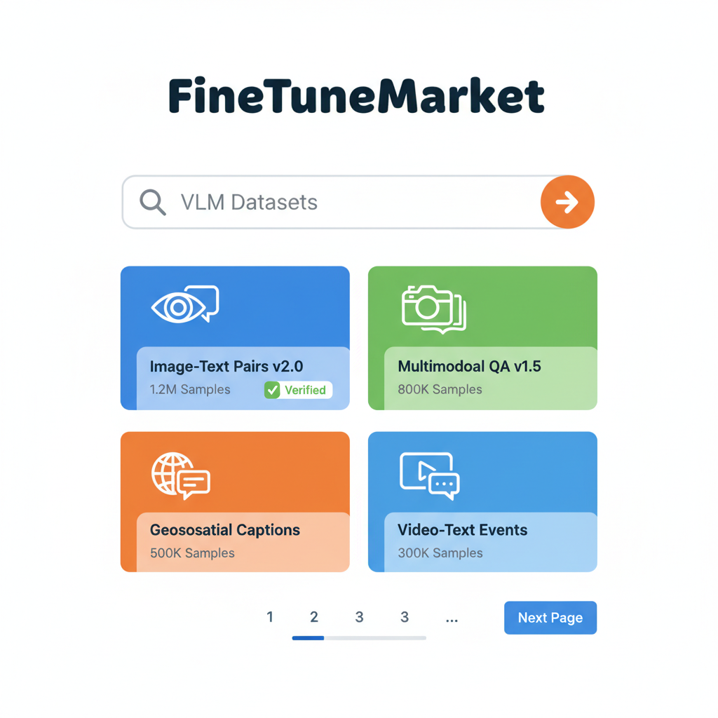 searching VLM datasets on vibrant FineTuneMarket marketplace interface