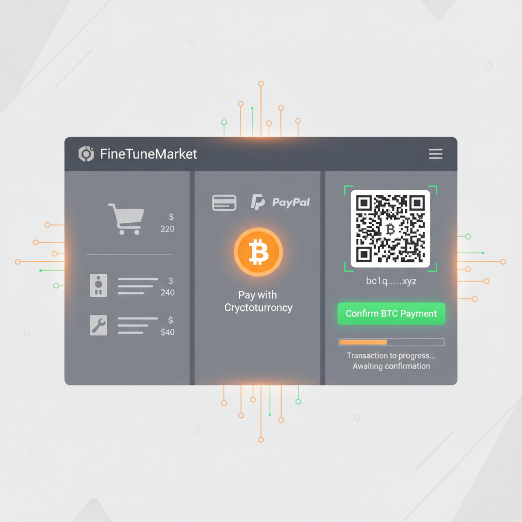 paying with BTC crypto on FineTuneMarket checkout, glowing transaction screen