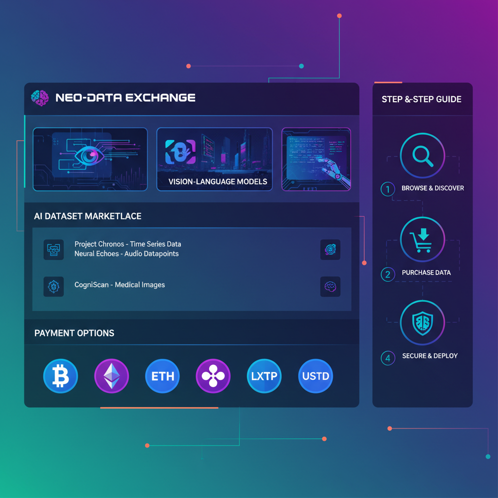 sleek marketplace website dashboard for AI datasets, crypto payment icons, vision language model thumbnails, cyberpunk vibe