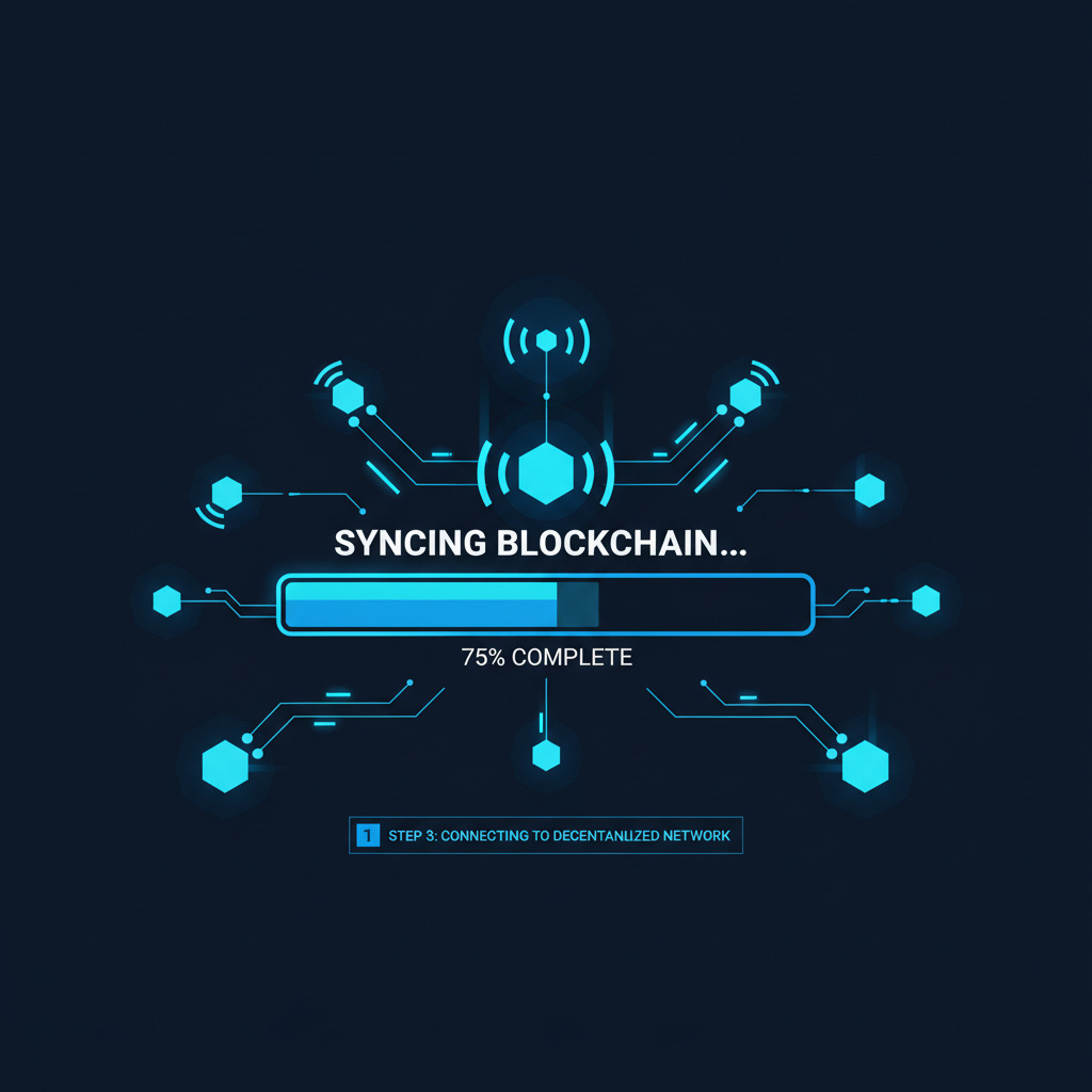 blockchain sync progress bar at 75%, decentralized network nodes connecting, neon blue tones