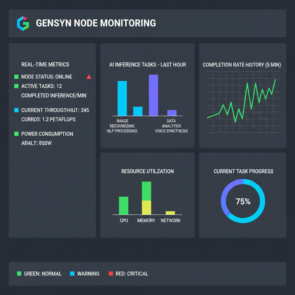 Gensyn node monitoring dashboard with real-time metrics, charts of AI inference tasks, dark mode UI