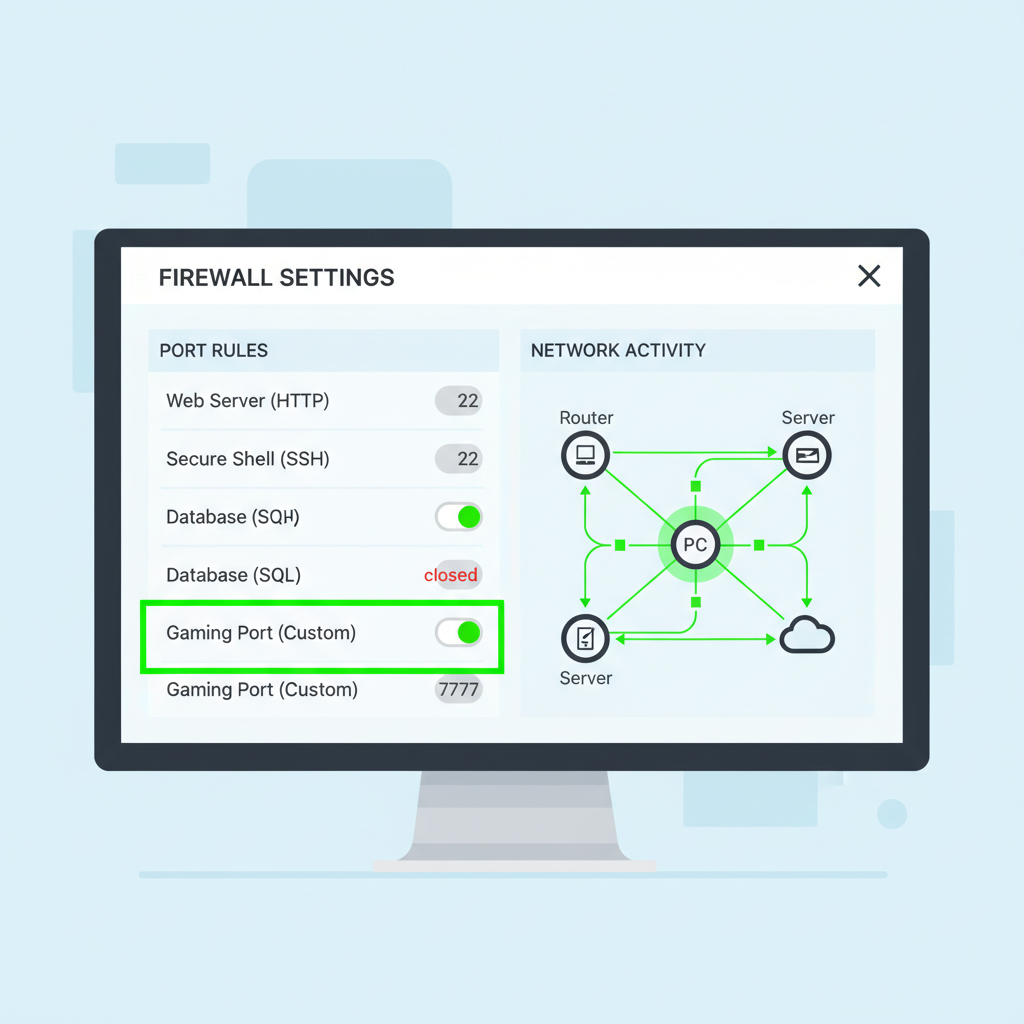 firewall settings panel with open ports highlighted, network graph with green connections