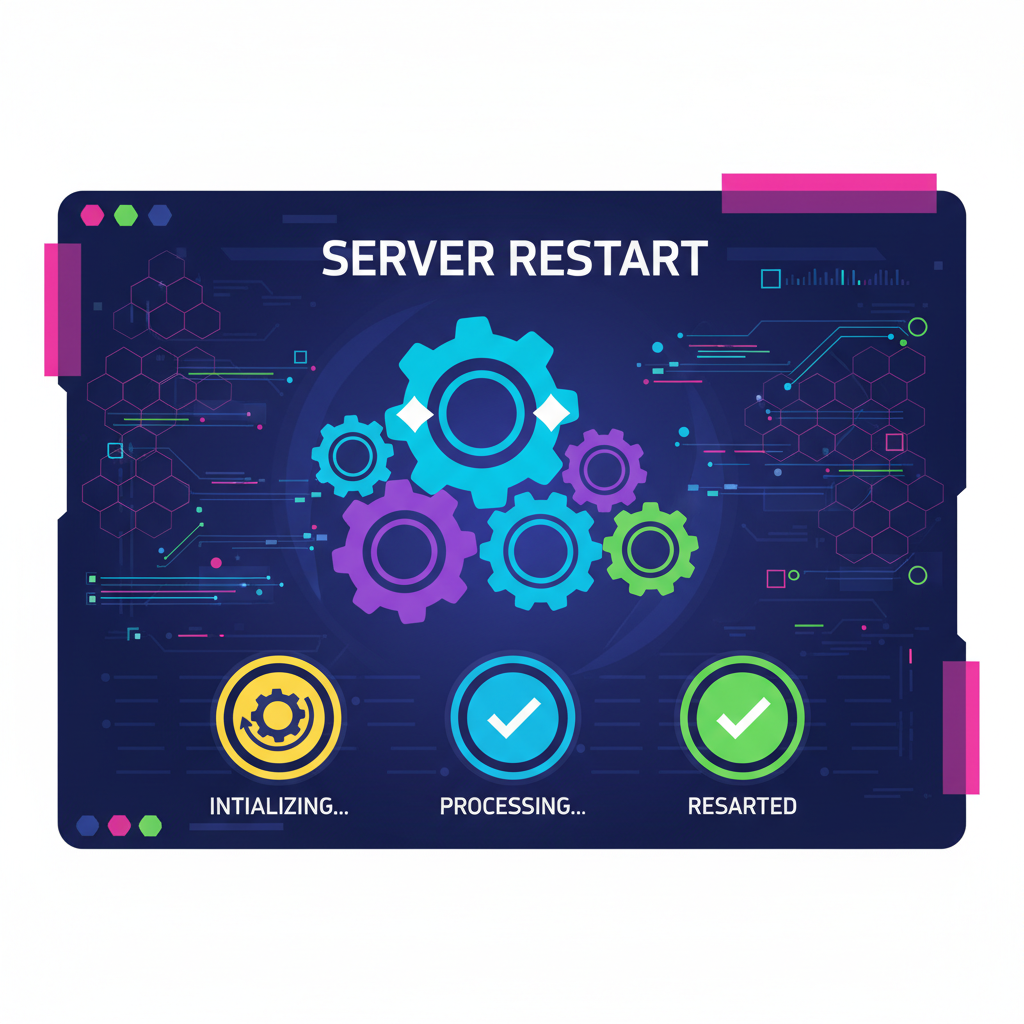 server restart animation with spinning gears and checkmarks, cyberpunk dashboard