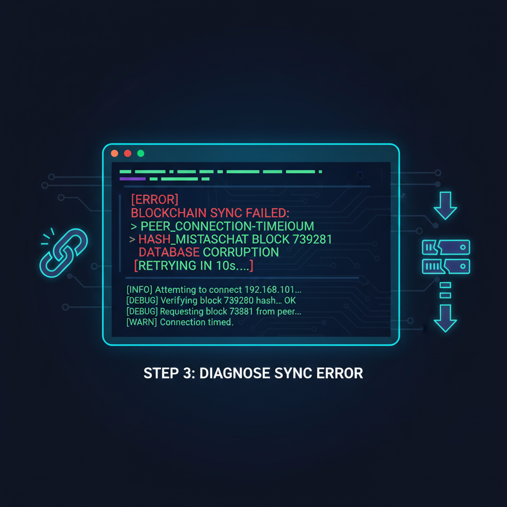 terminal window showing error logs for blockchain sync failure, dark mode, hacker aesthetic, detailed code text