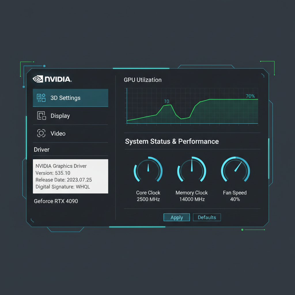 NVIDIA GPU control panel screenshot with driver info and utilization graph, futuristic tech interface