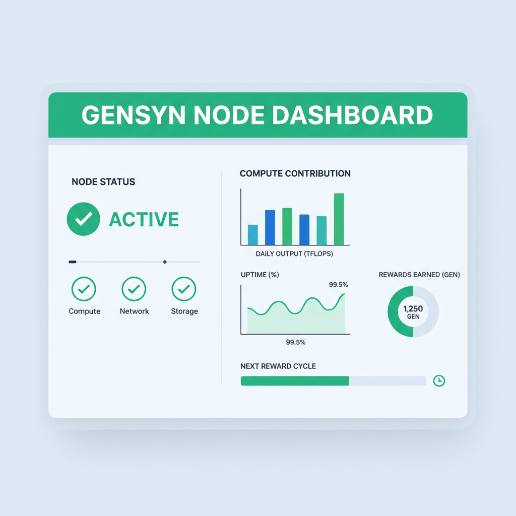 Gensyn node dashboard showing active status, green checkmarks, metrics graphs for compute contribution