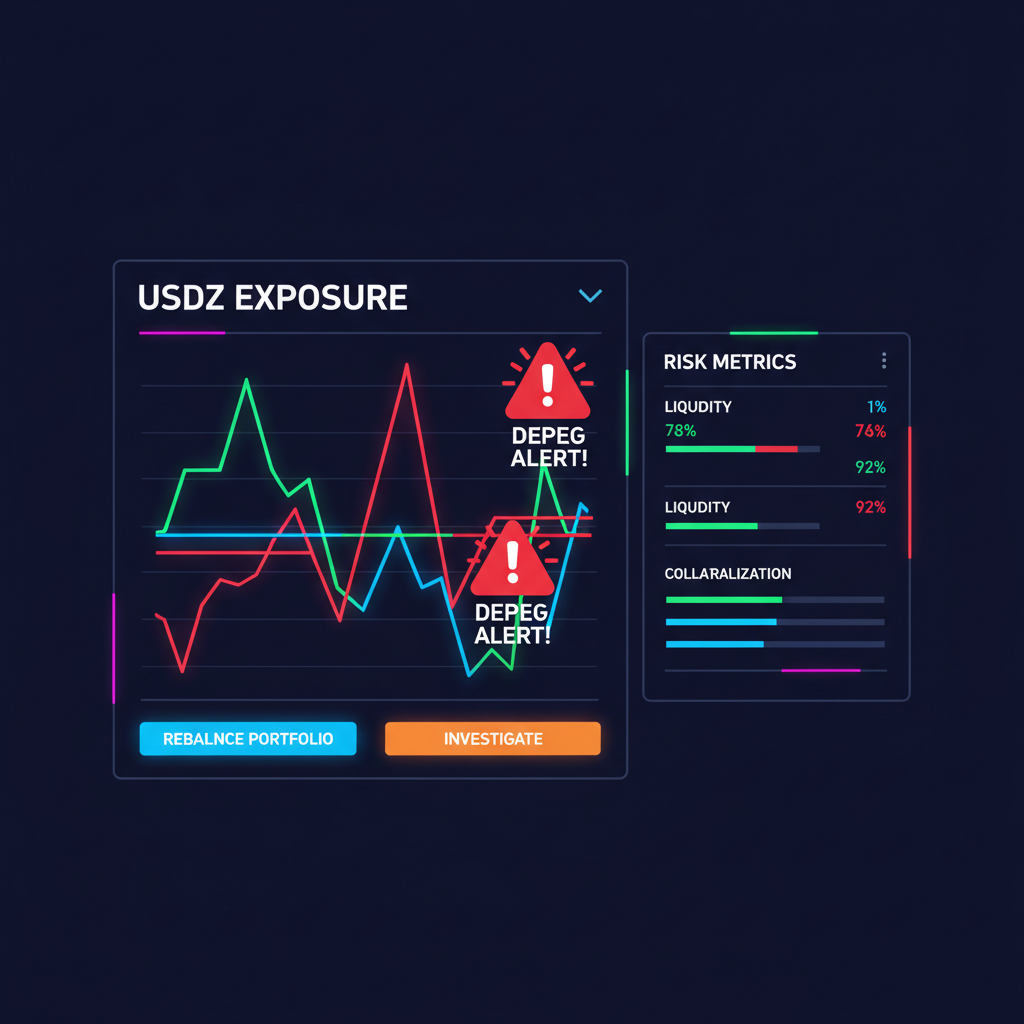 crypto dashboard analyzing USDZ exposure with red depeg alerts, neon charts, dark futuristic UI