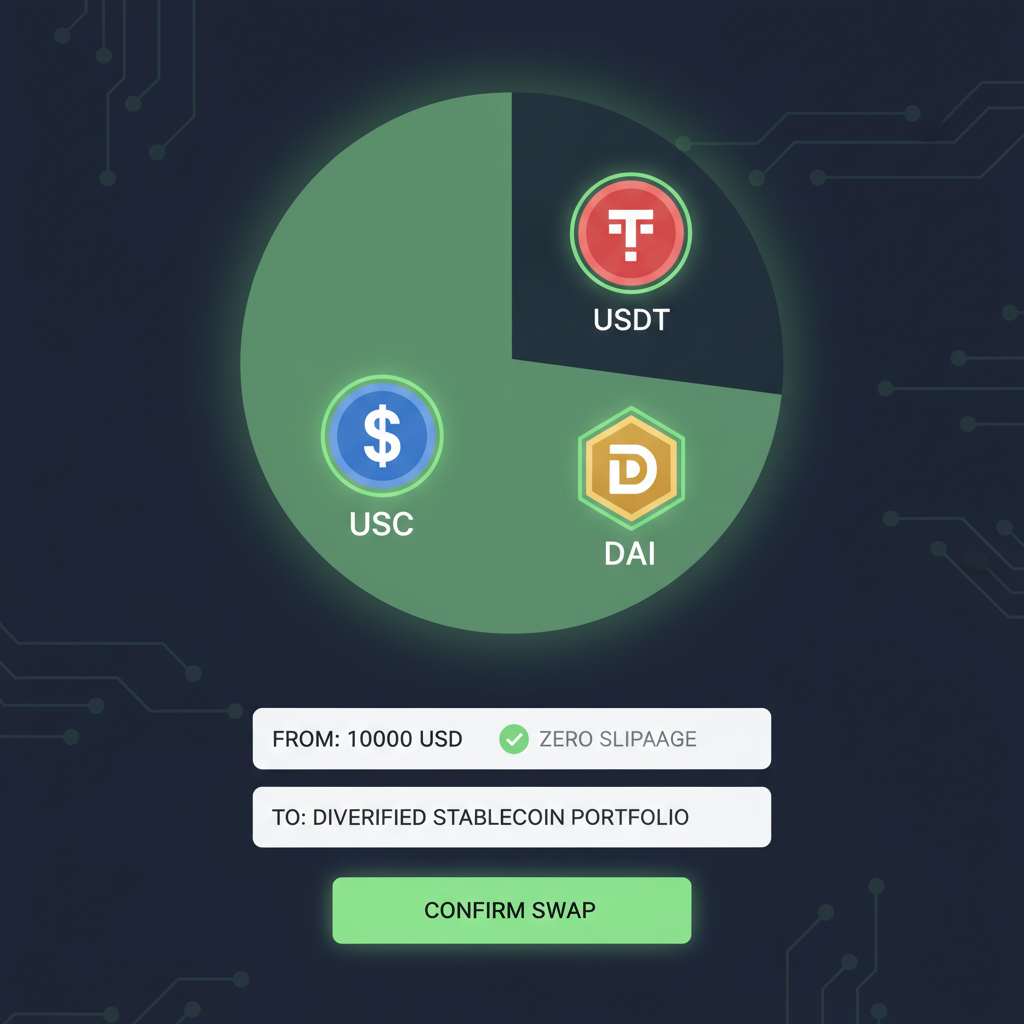 diversified stablecoin portfolio pie chart glowing green, crypto icons USDC USDT DAI, zero slippage DEX interface