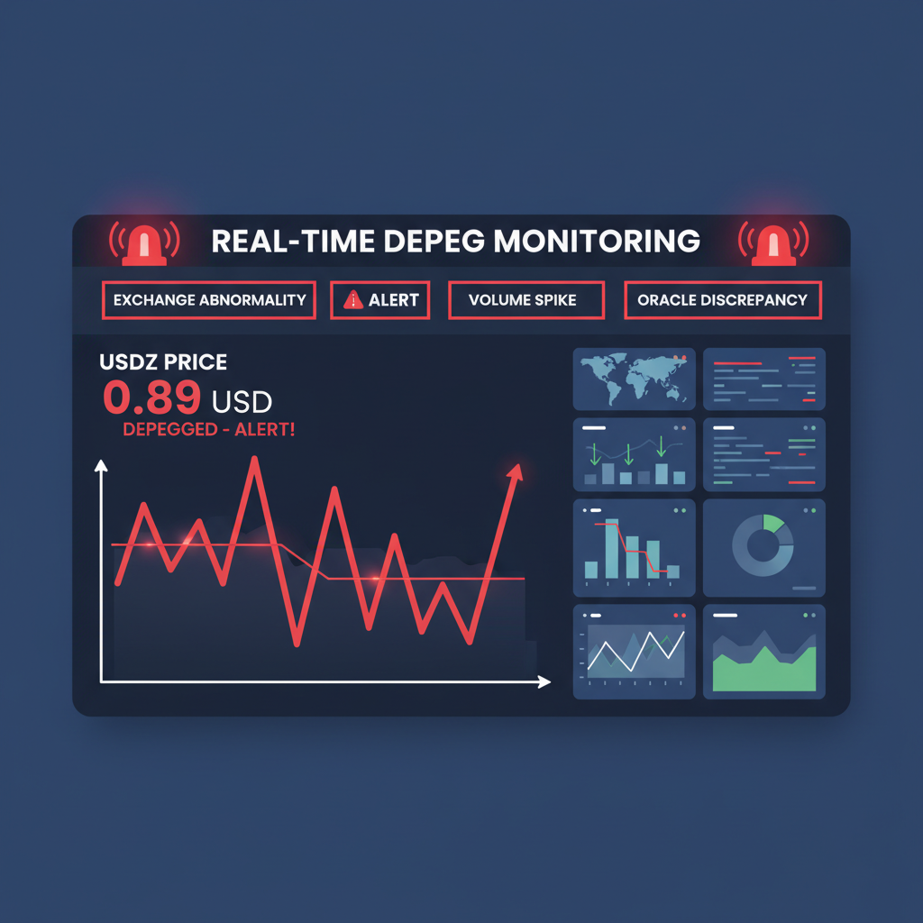 real-time depeg monitoring dashboard with alerts, USDZ price graph flashing red, surveillance screens