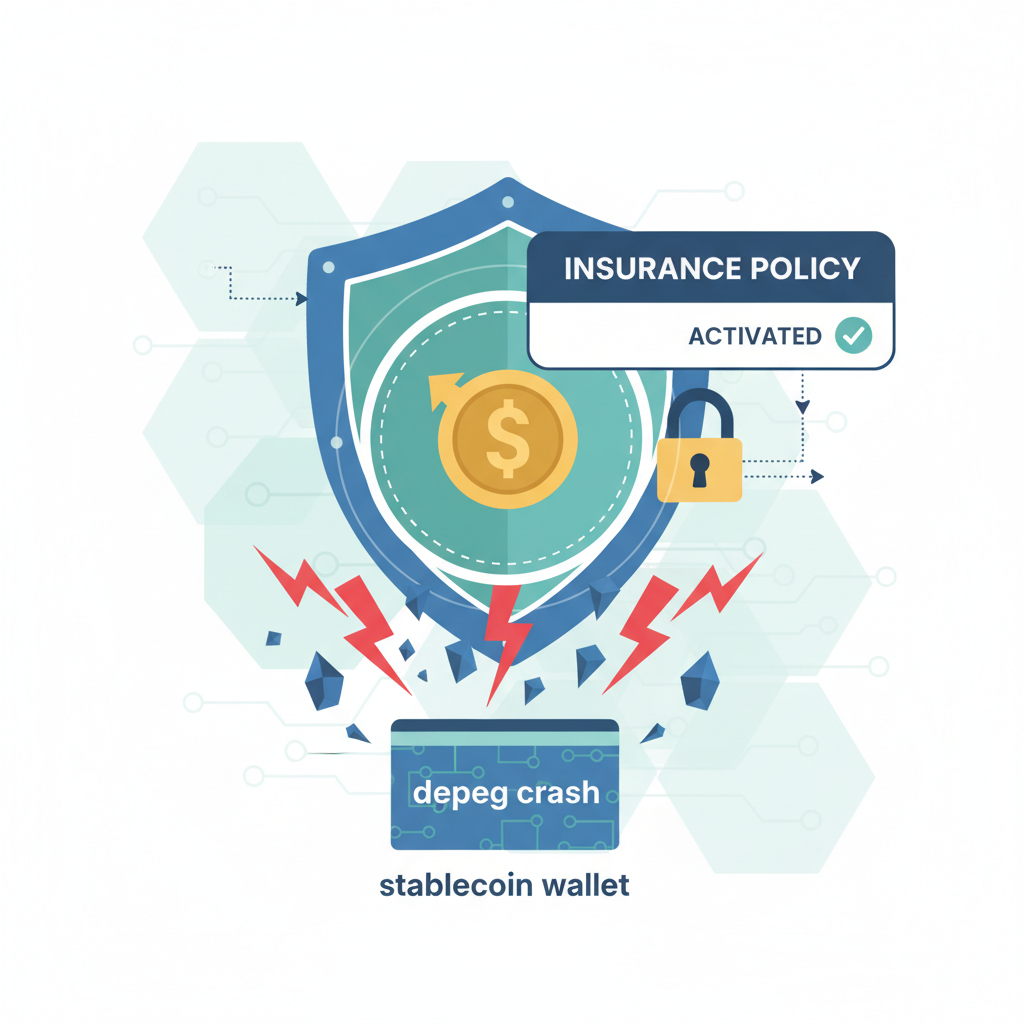 shield icon protecting stablecoin wallet from depeg crash, insurance policy UI, crypto security theme