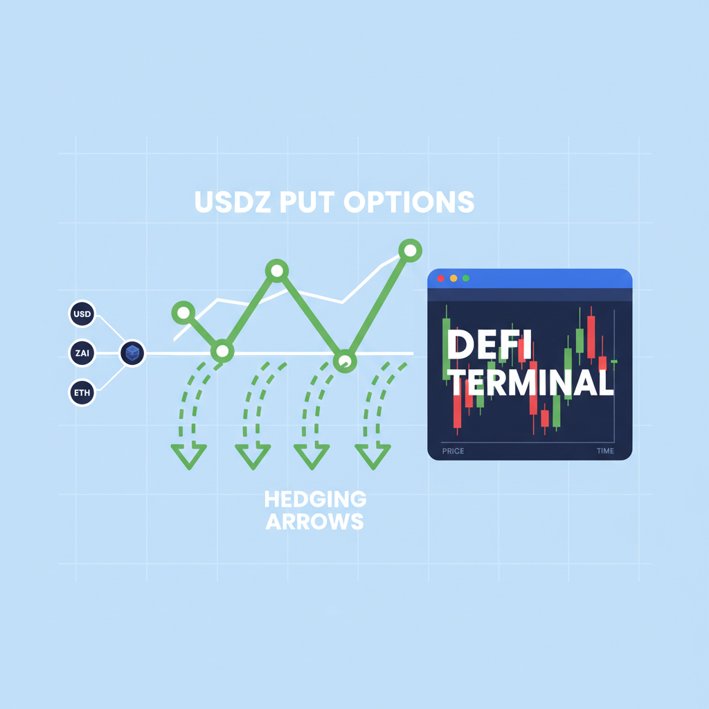 derivatives trading chart with USDZ put options, hedging arrows, DeFi terminal with candlesticks