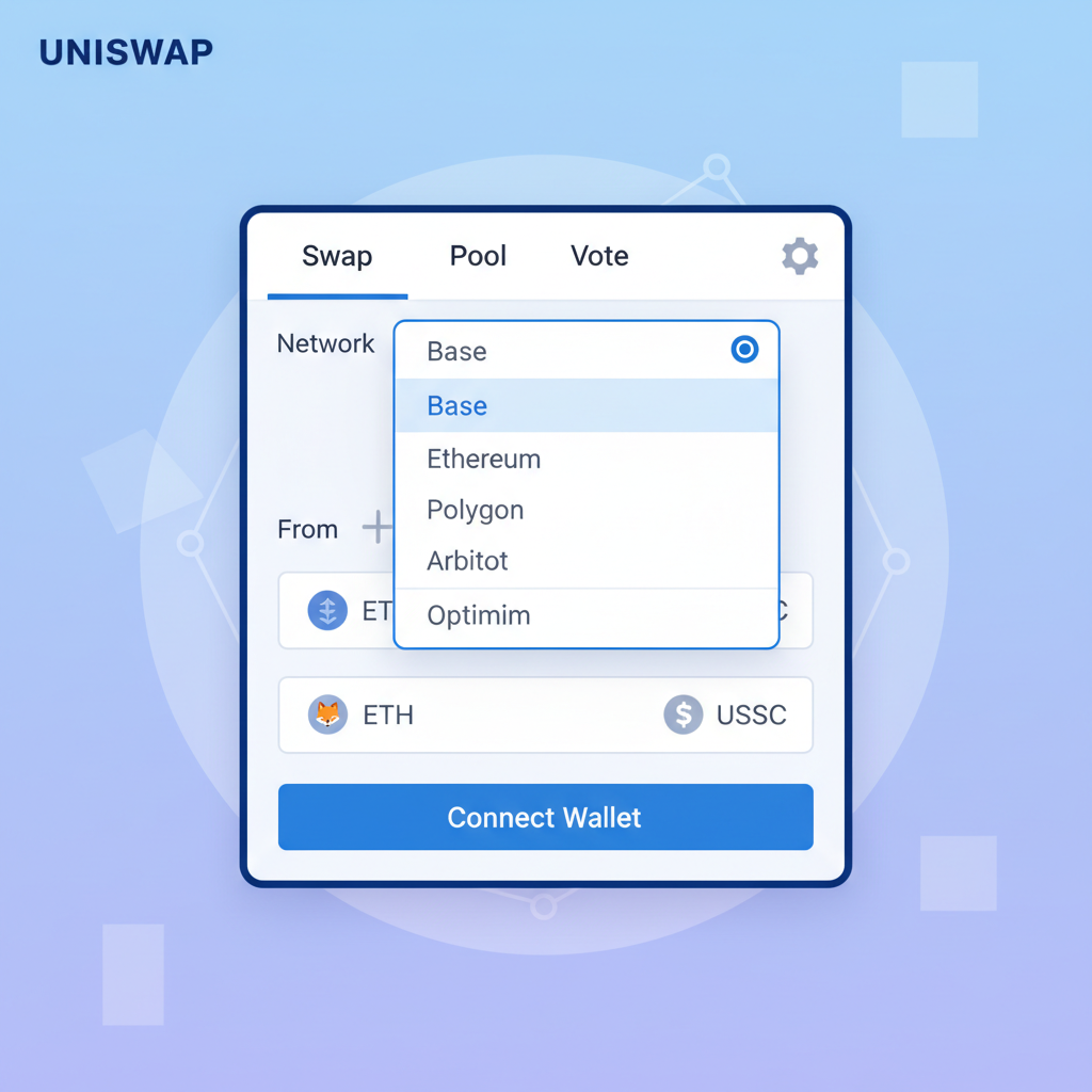 Clean screenshot of Uniswap interface with Base network selected in dropdown, professional UI, crypto trading theme
