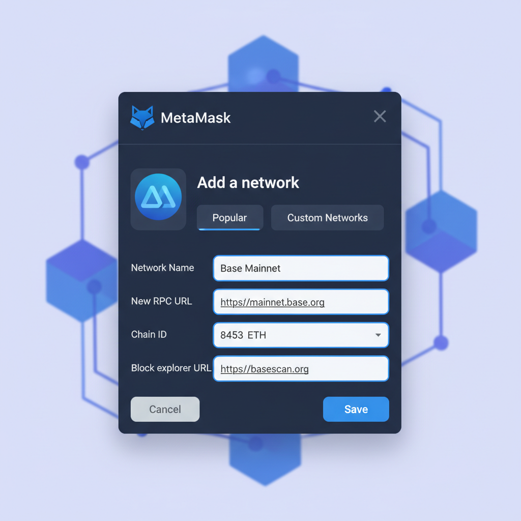 MetaMask network selector adding Base Mainnet details form, clean interface, Ethereum L2 theme