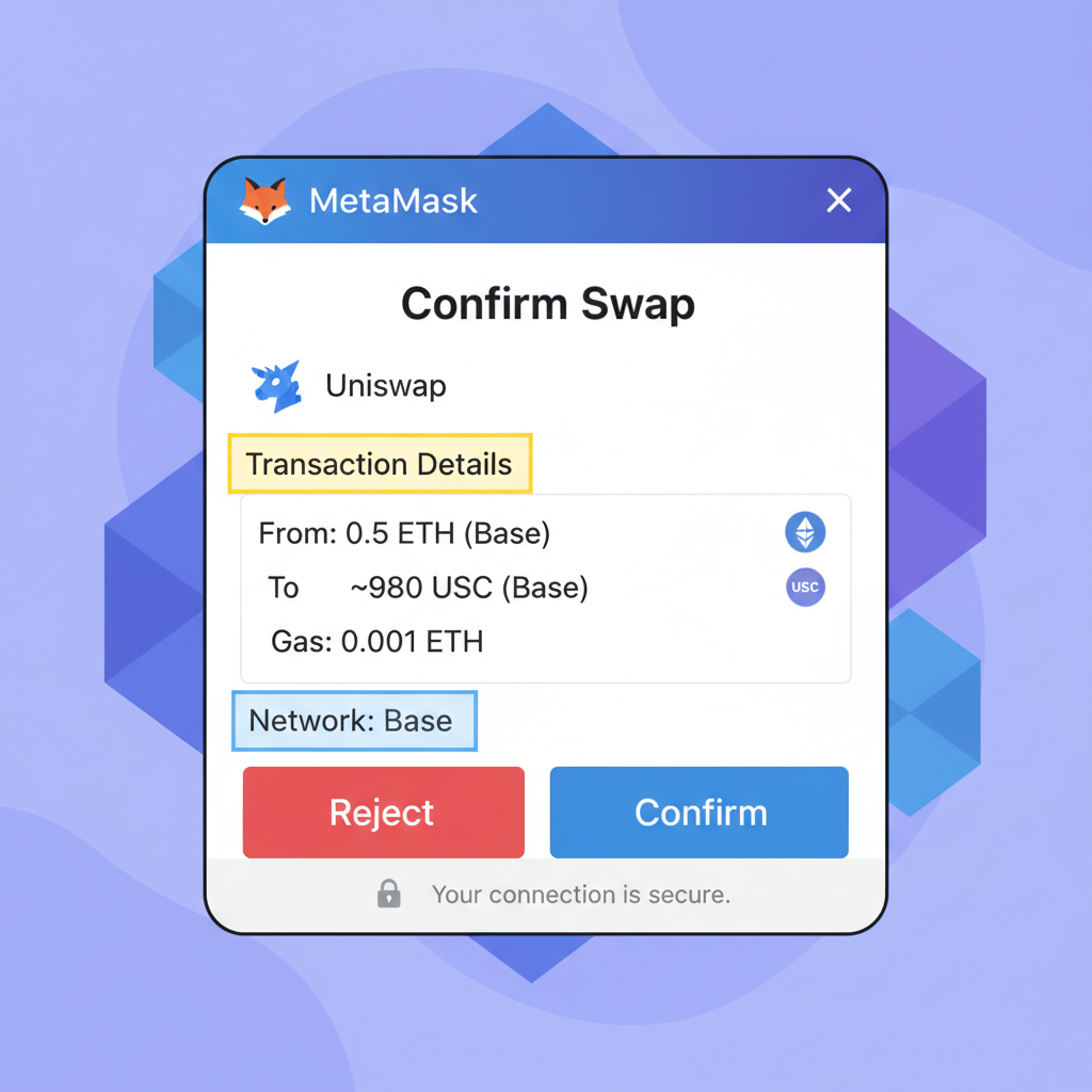 MetaMask confirmation popup for Uniswap ETH to USDC swap on Base, transaction details highlighted, secure crypto theme