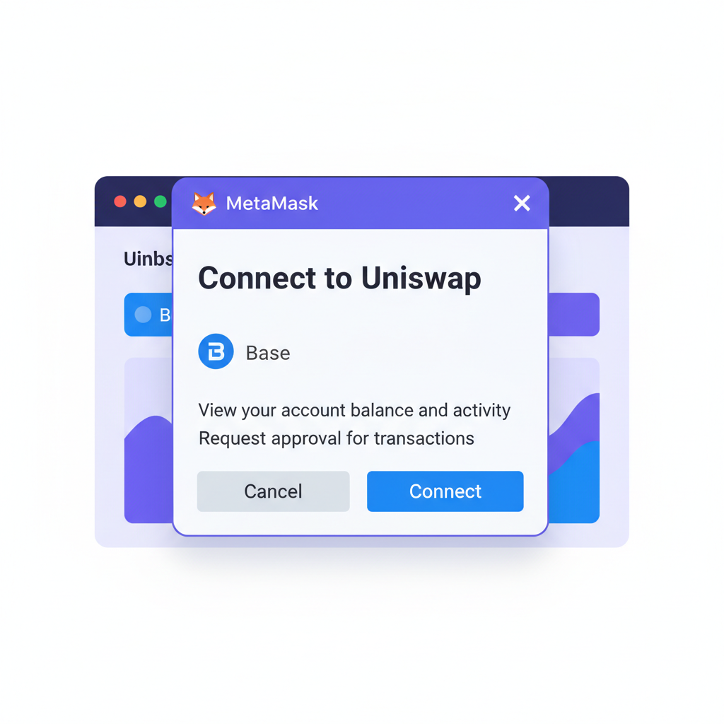MetaMask popup connecting to Uniswap on Base network, wallet approval screen, simple and clear UI elements