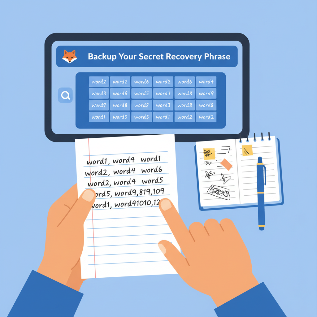 MetaMask wallet creation screen showing seed phrase backup on paper, secure handwritten notes, professional illustration