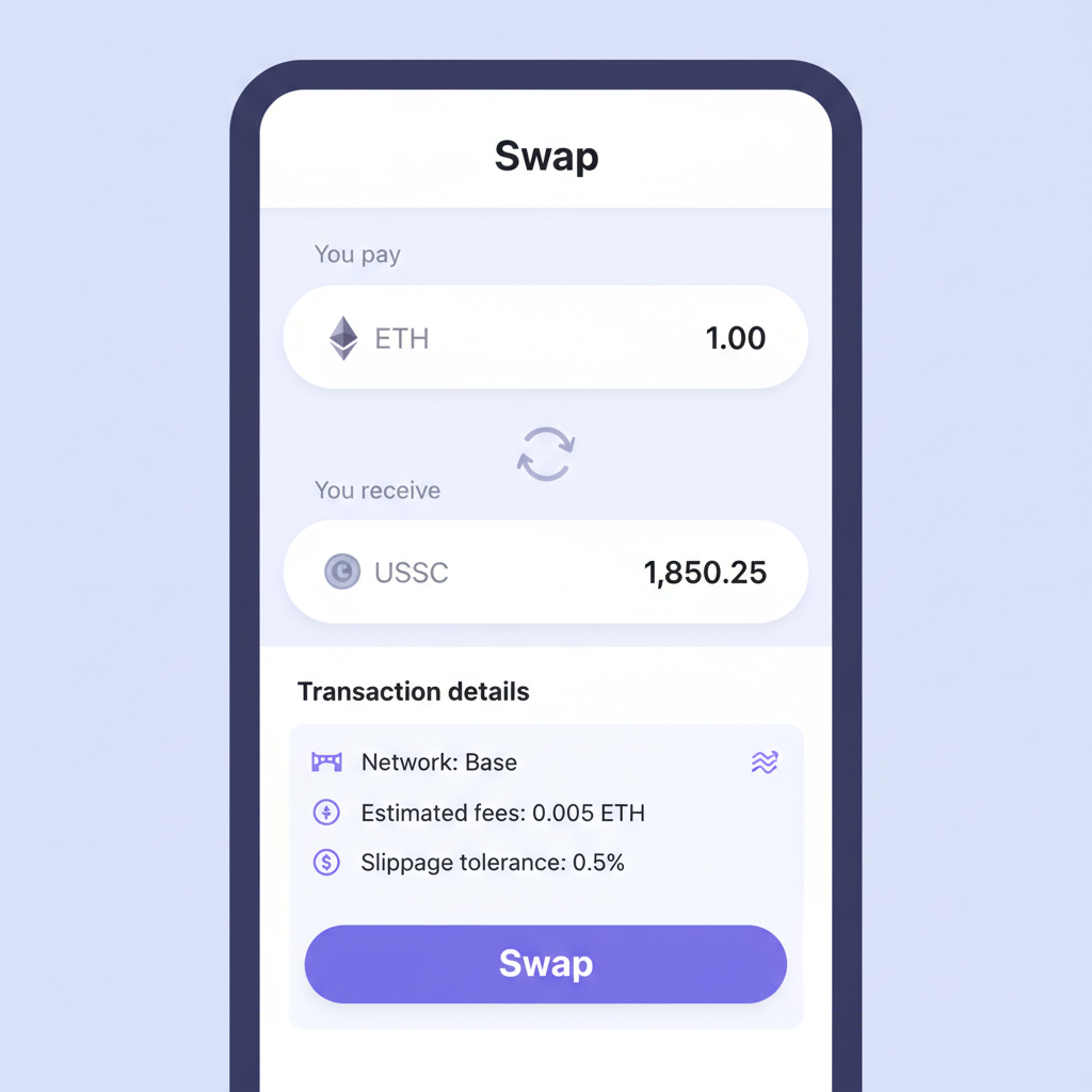 Uniswap swap details screen with ETH amount entered, USDC output shown, fees and slippage indicators, Base network