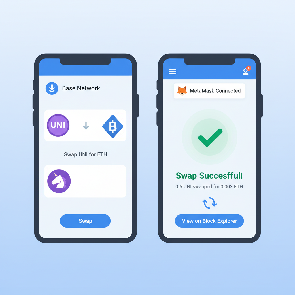 Uniswap app on Base network performing token swap, MetaMask connected, success confirmation screen