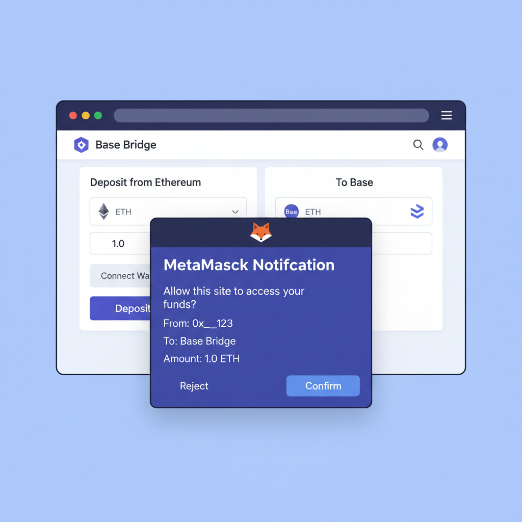Base official bridge website depositing ETH from Ethereum to Base, MetaMask popup confirmation