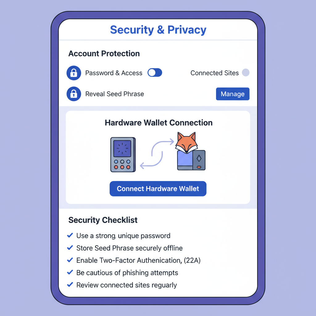 MetaMask security settings screen with lock icons, hardware wallet connection, checklist of best practices
