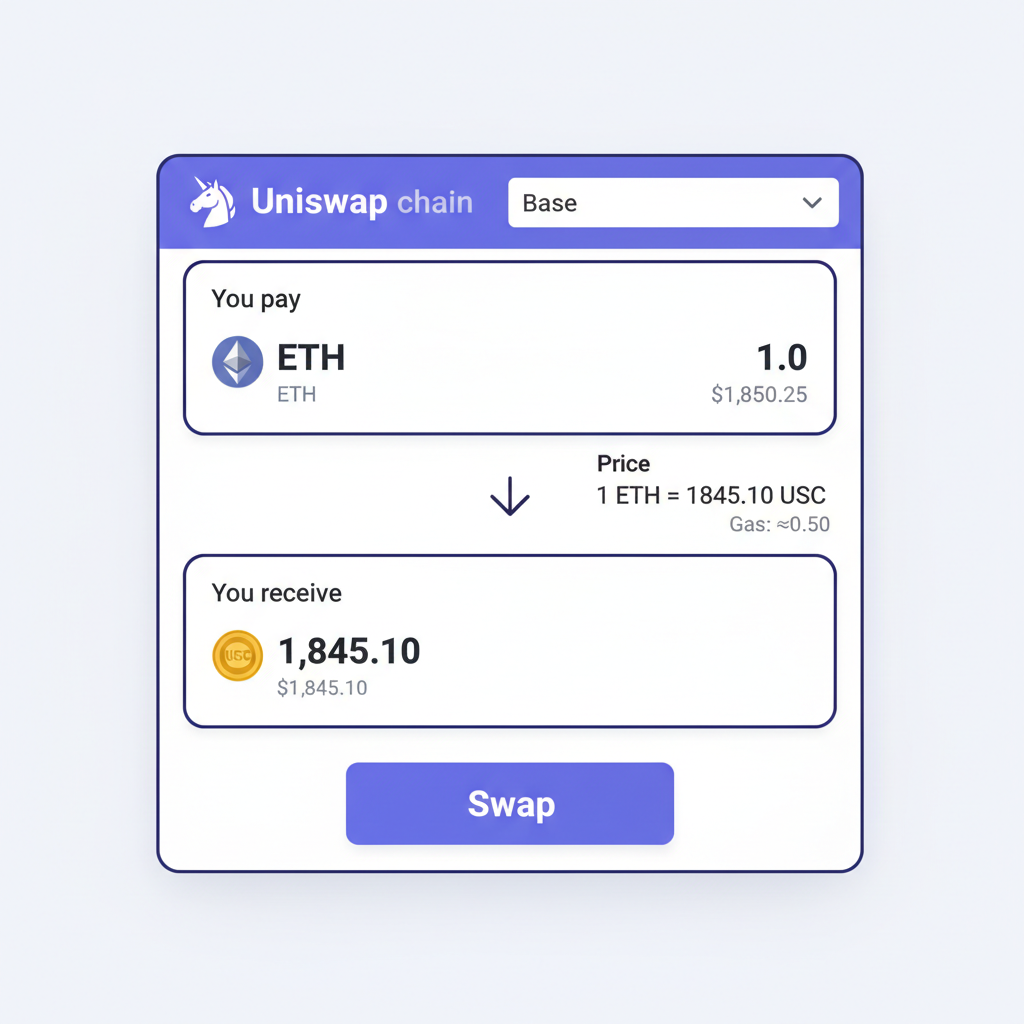 Uniswap swap interface with ETH input and USDC output selected on Base chain, price quote visible, sleek interface