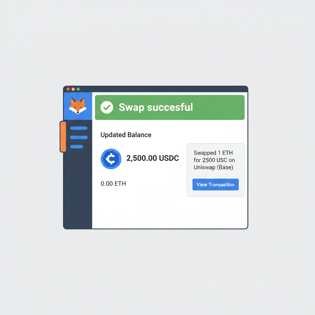 MetaMask wallet showing updated USDC balance after Uniswap swap on Base, success notification, balanced professional style
