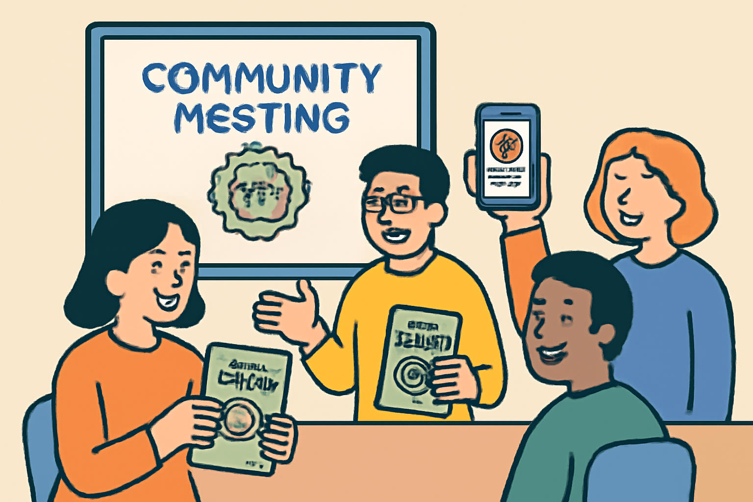 A cheerful community meeting with members receiving guides about NFT badges, some showing off their badges on digital profiles.