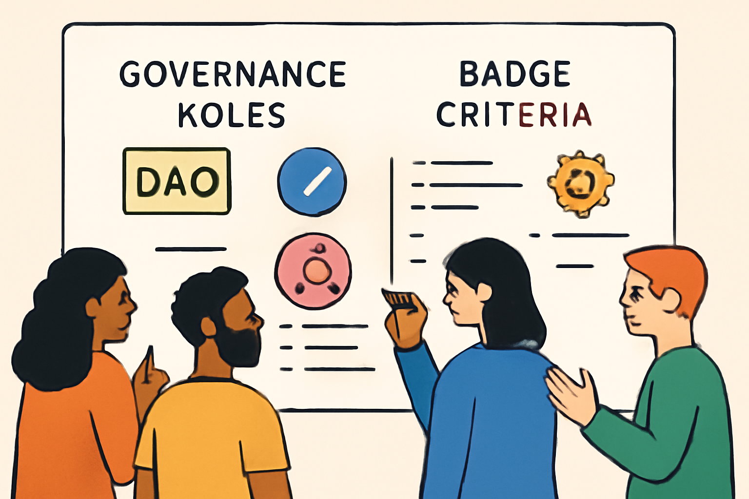 A diverse group of DAO members brainstorming and mapping out governance roles and badge criteria on a digital whiteboard, with icons representing voting, leadership, and contributions.