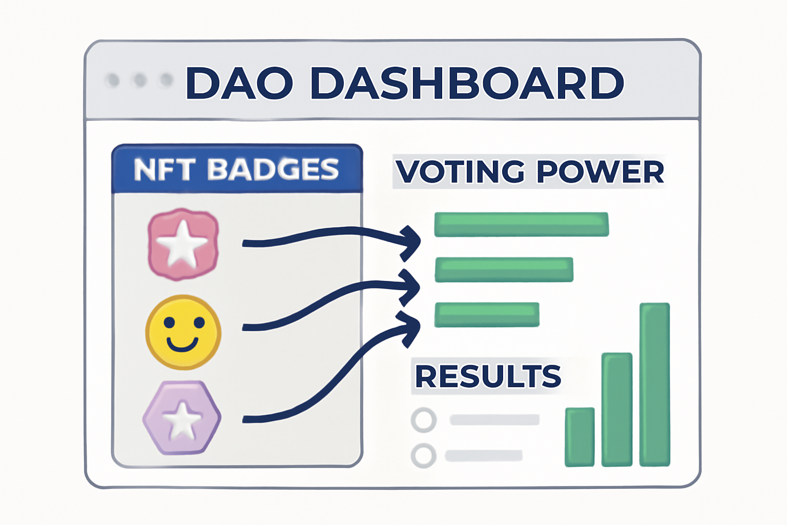 A DAO dashboard showing NFT badges linked to voting power on a governance platform, with animated arrows connecting badges to voting results.