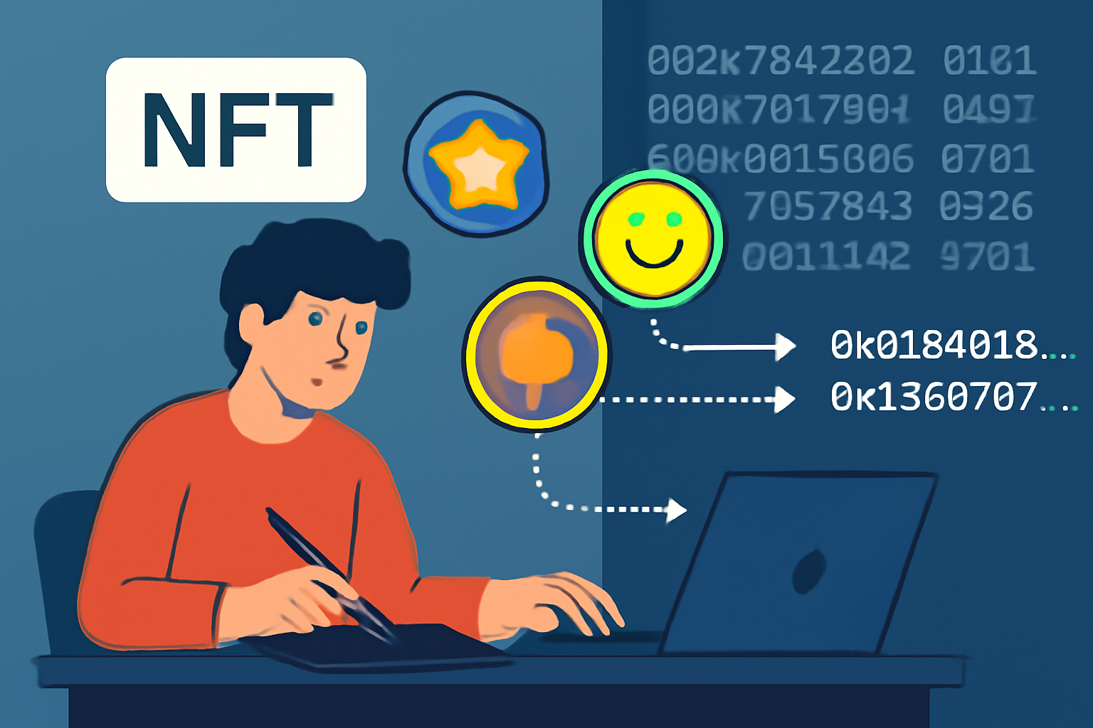 A digital artist minting colorful NFT badges, with blockchain code in the background and badges being sent to wallet addresses.