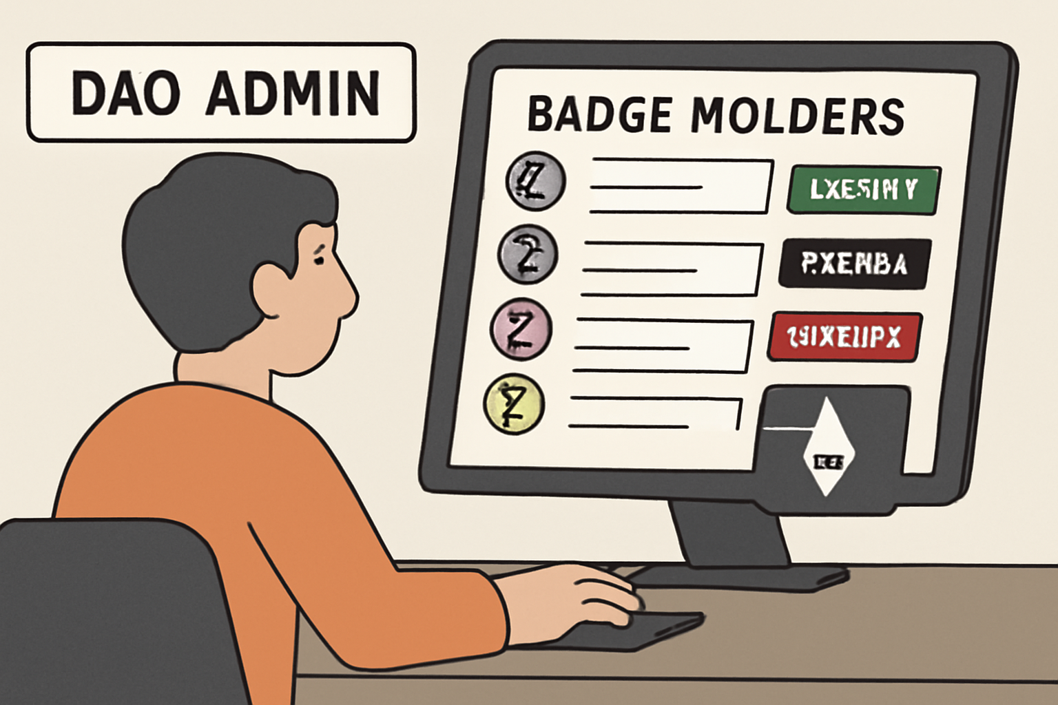 A DAO admin reviewing a dashboard of badge holders, with options to update or revoke badges using smart contract controls.
